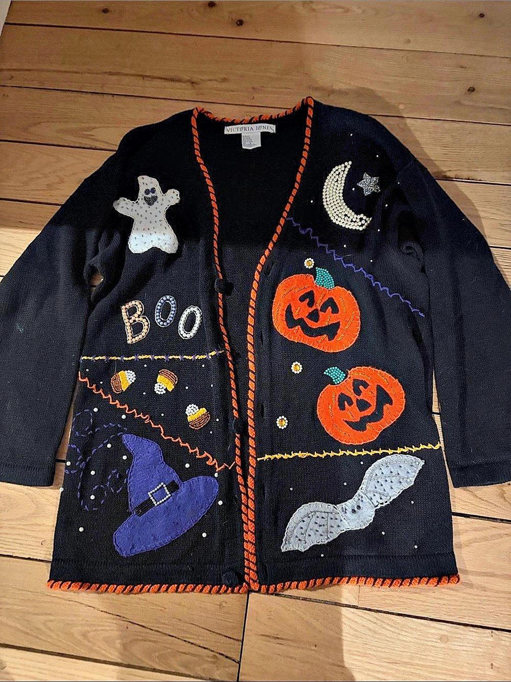 Victoria Jones Halloween Embellished Cardigan Black & Orange Size Large